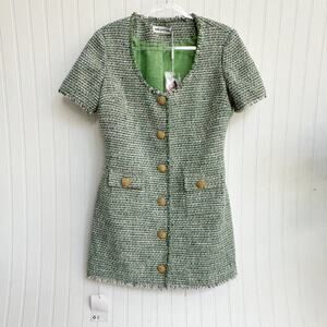 Self-Portrait Green Boucle Tweed Mini Dress Short Sleeve Button Front NWT 10